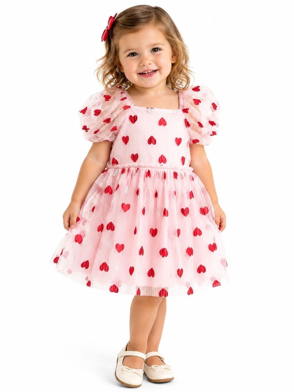 Young Hearts Pink Heart Tulle Puff Sleeve Dress Girls 2T Valentine’s